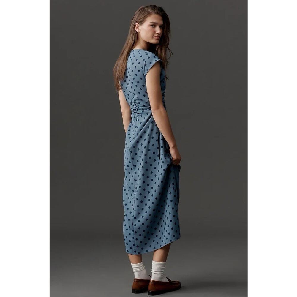 NWT Lisa Says Gah Oxford Dot Ruched Midi Dress Blue Polka Dot XS - Picture 2 of 11